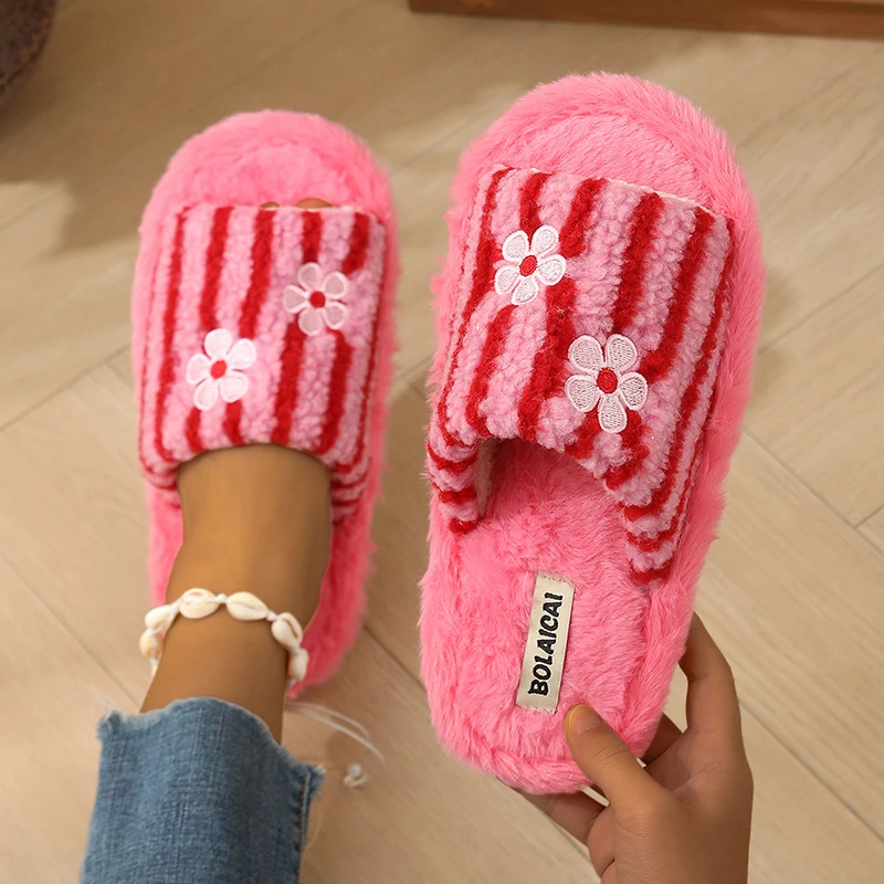 Women'S Fashion Korea - Sandal Bulu Bordir Bunga Bergaris untuk