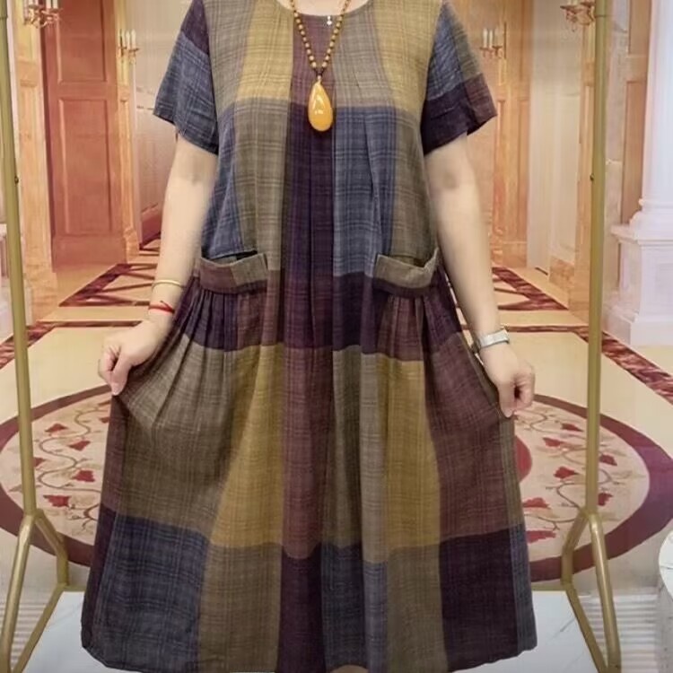 Gaun Katun Linen Bermotif Kota - Women Fashion Over The Years ulasan dan harga